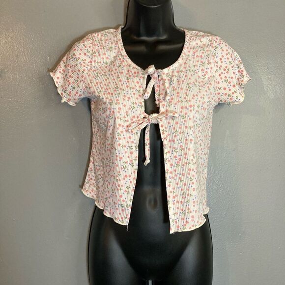 Pinc ribbed floral front tie blouse - Picture 1 of 4